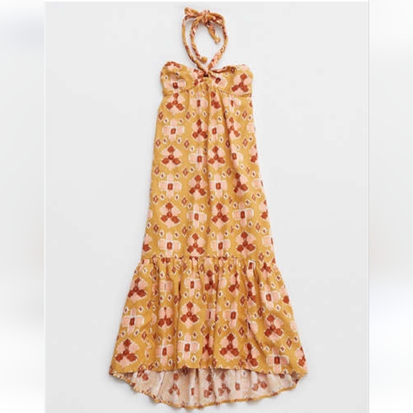 Aerie Linen Blend High Low Halter Maxi Sundress Size Large Yellow,Pink & Red - Picture 5 of 16